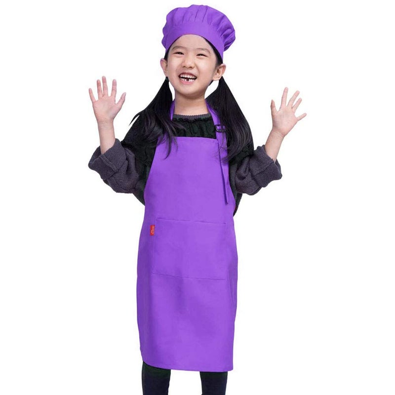 ALIPOBO Kids Apron and Chef Hat Set, Children's Adjustable Bib Apron with 2 Pockets. Cute Boys Girls Kitchen Apron for Cooking, Baking, Painting, Training Wear (2-5 Year, Purple) - Image 1